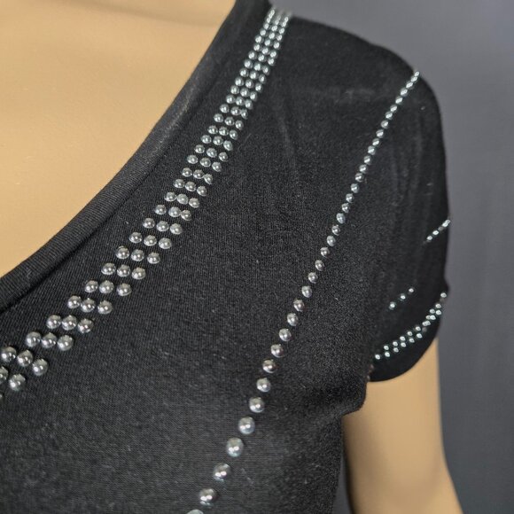 Y2K Long Top Size S Black Silver Studded Indie Sleaze Going Out Top 2000s V Neck - Picture 3 of 8